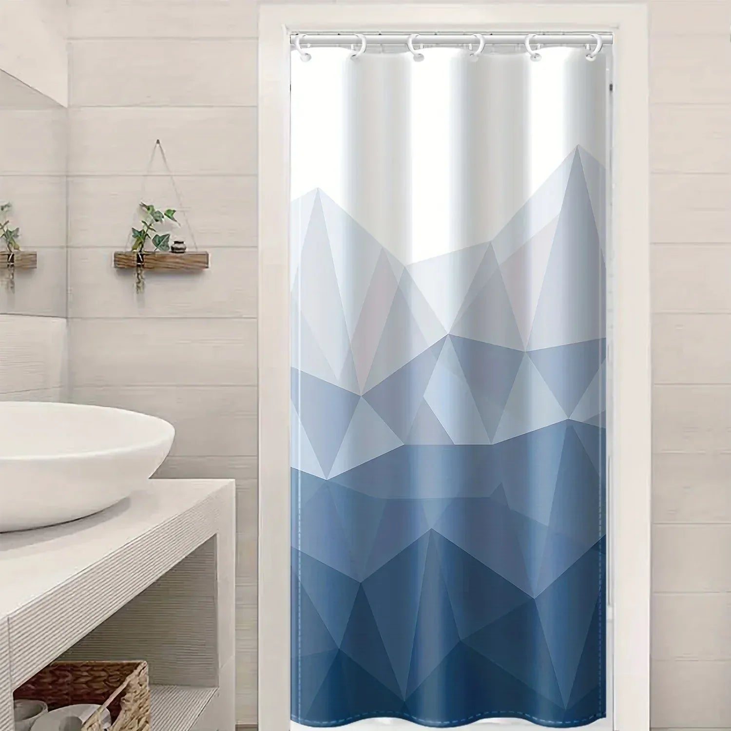 Rideau de Douche Étanche Bleu et Blanc – Motif Géométrique Moderne pour Salle de Bain Élégante