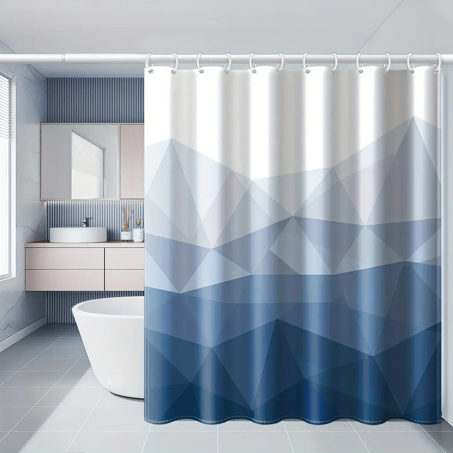 Rideau de Douche Étanche Bleu et Blanc – Motif Géométrique Moderne pour Salle de Bain Élégante