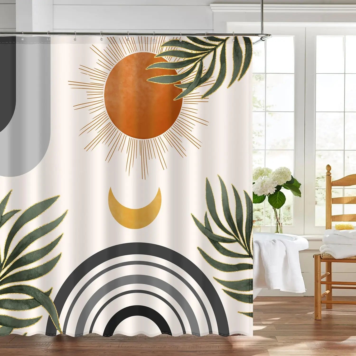 Rideau de Douche Étanche – Design Abstrait Soleil & Lune avec Feuilles de Palmier pour Salle de Bain