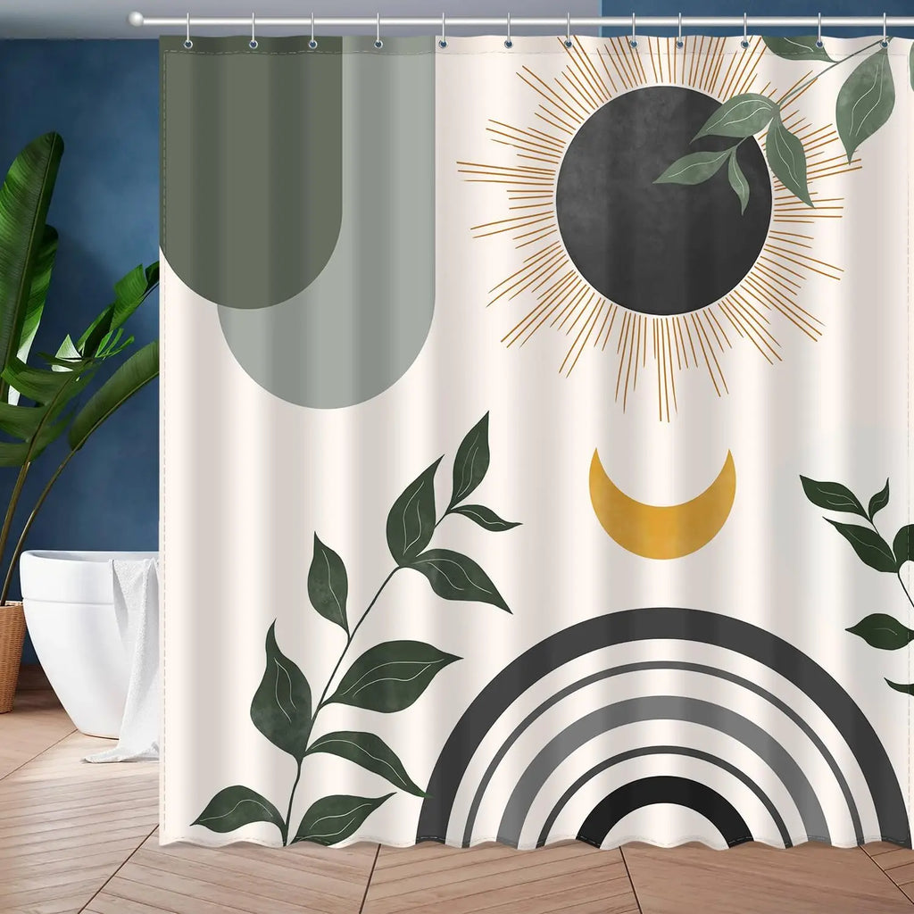 Rideau de Douche Étanche – Design Abstrait Soleil & Lune avec Feuilles de Palmier pour Salle de Bain