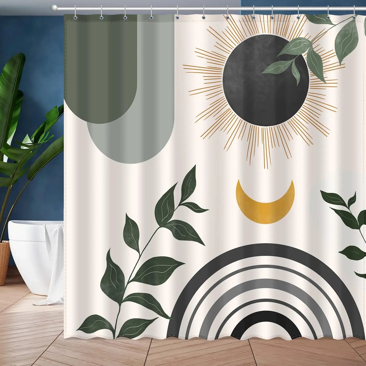 Rideau de Douche Étanche – Design Abstrait Soleil & Lune avec Feuilles de Palmier pour Salle de Bain