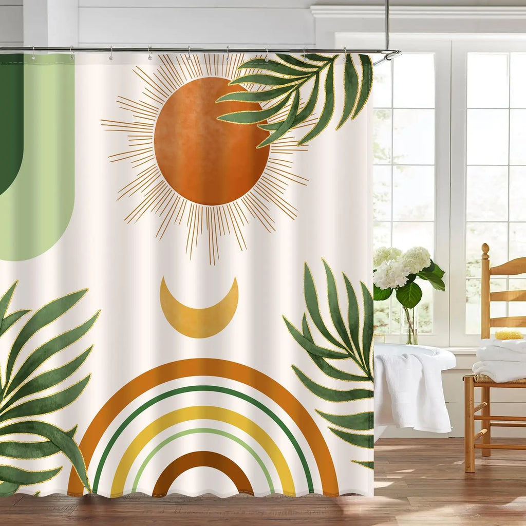 Rideau de Douche Étanche – Design Abstrait Soleil & Lune avec Feuilles de Palmier pour Salle de Bain