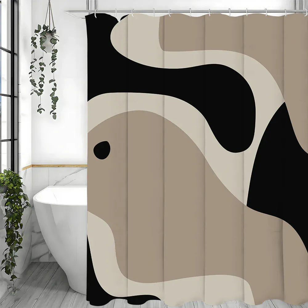 Rideau de Douche Étanche – Design Géométrique Fluide Noir et Brun avec Crochets Inclus