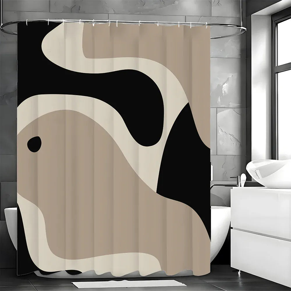 Rideau de Douche Étanche – Design Géométrique Fluide Noir et Brun avec Crochets Inclus