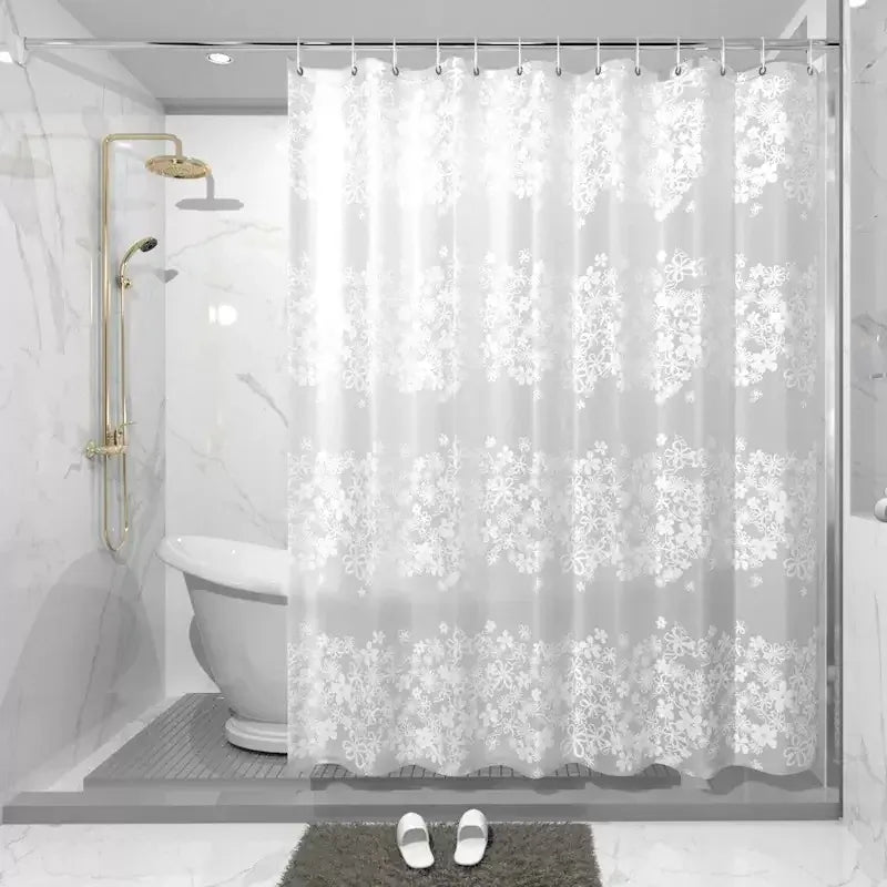 Rideau de Douche Étanche en PEVA – Motif Uni Floral Gris Botanique avec Anneaux Métalliques