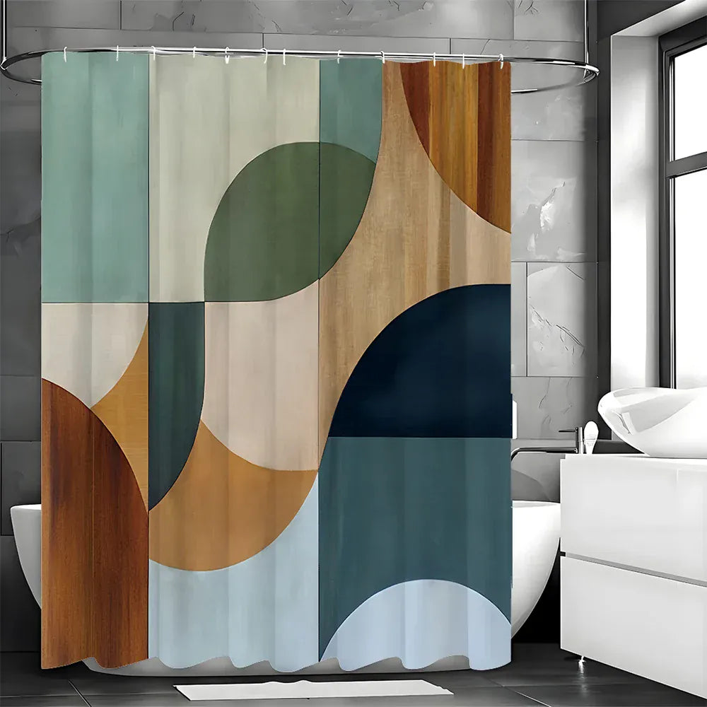Rideau de Douche Étanche – Motif Géométrique Carrés et Demi-Cercles pour Salle de Bain Moderne