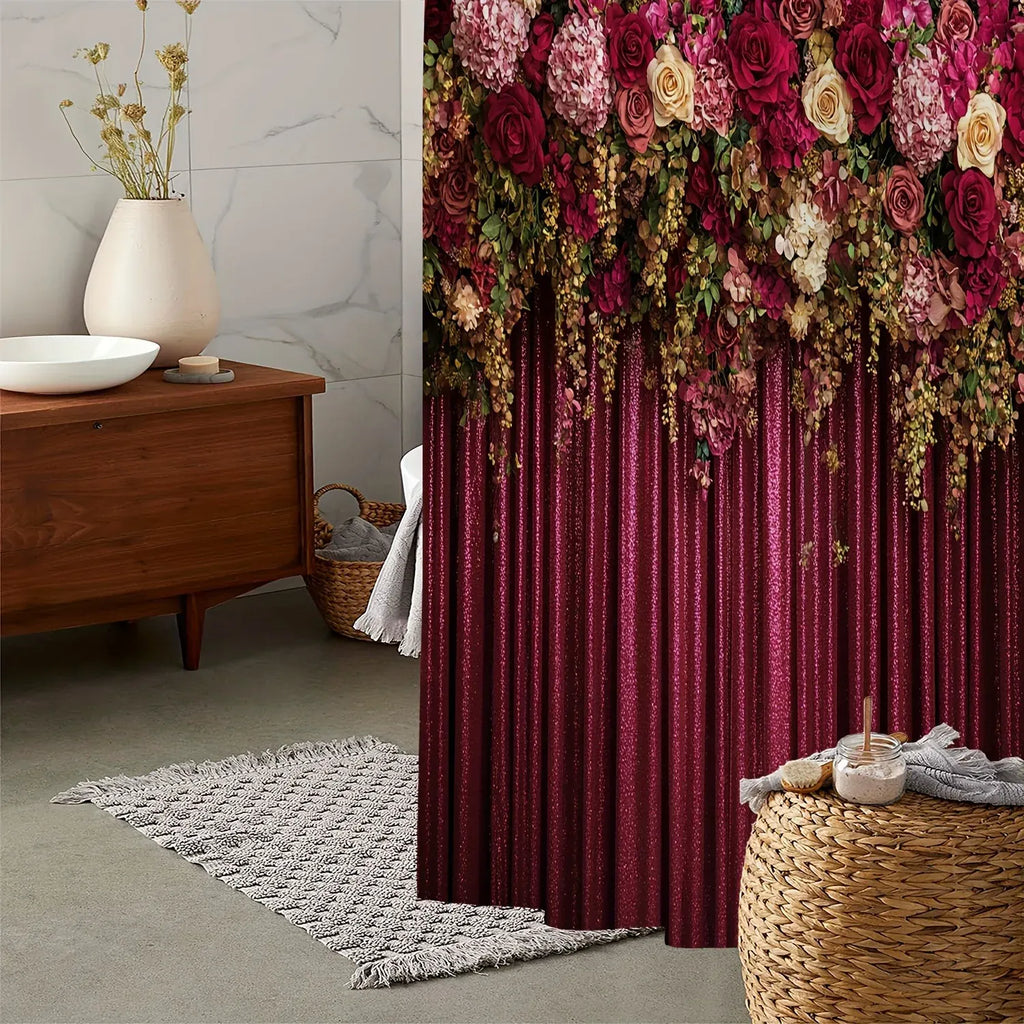 Rideau de Douche Imperméable Rétro Vert à Motifs Floraux – Polyester Lavable