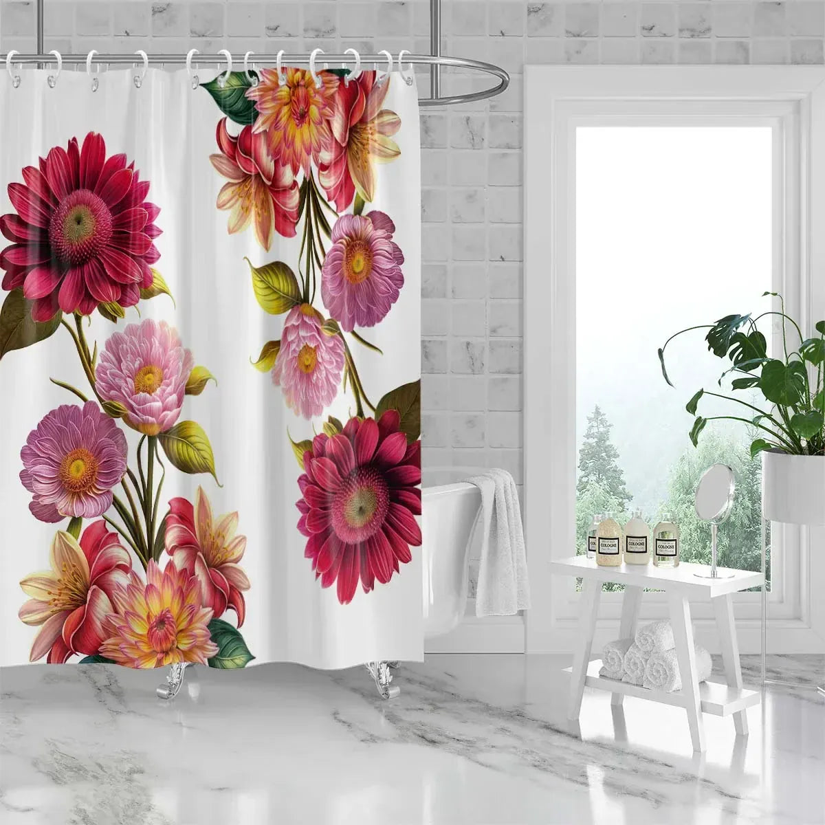 Rideau de Douche Imprimé Fleurs – Motif Roses & Marguerites, Étanche et Élégant pour Salle de Bain