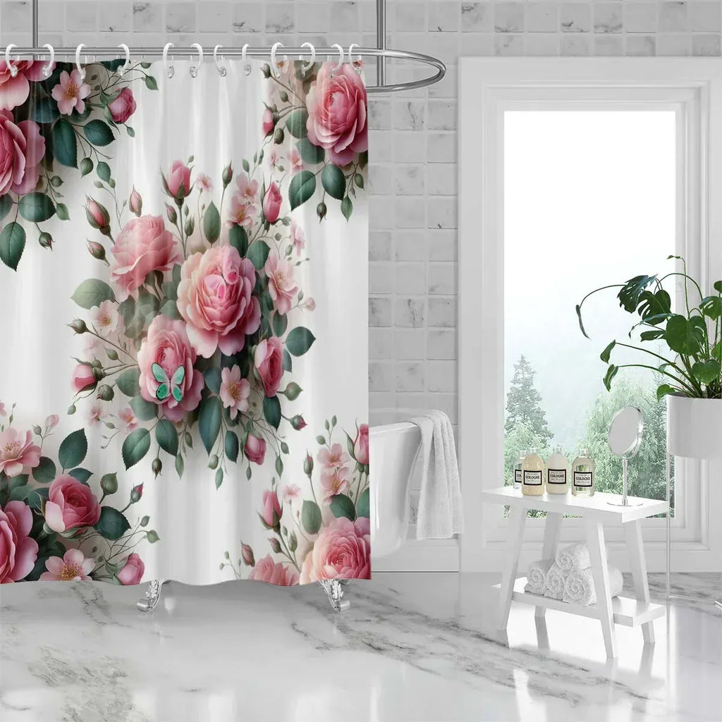 Rideau de Douche Imprimé Fleurs – Motif Roses & Marguerites, Étanche et Élégant pour Salle de Bain
