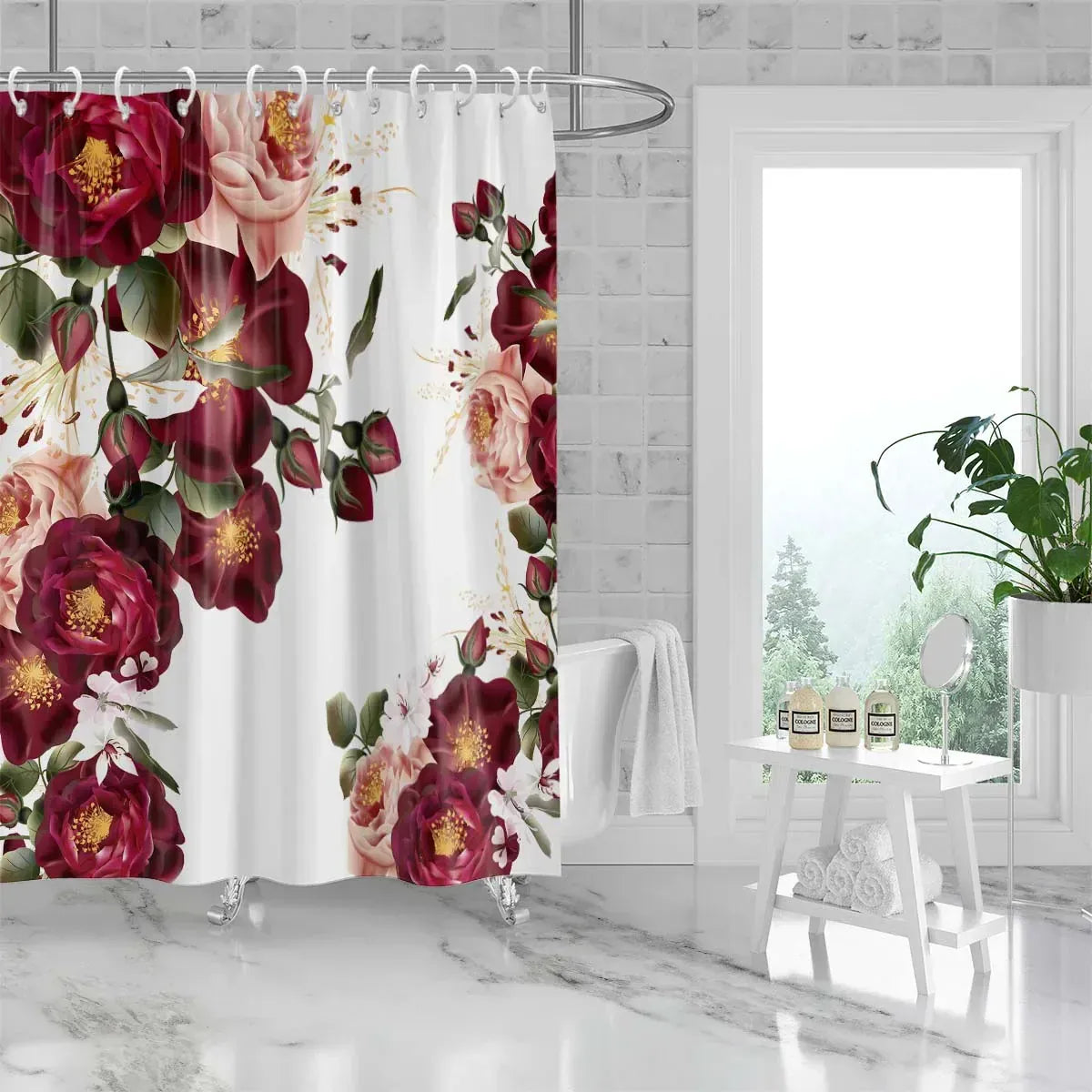 Rideau de Douche Imprimé Fleurs – Motif Roses & Marguerites, Étanche et Élégant pour Salle de Bain