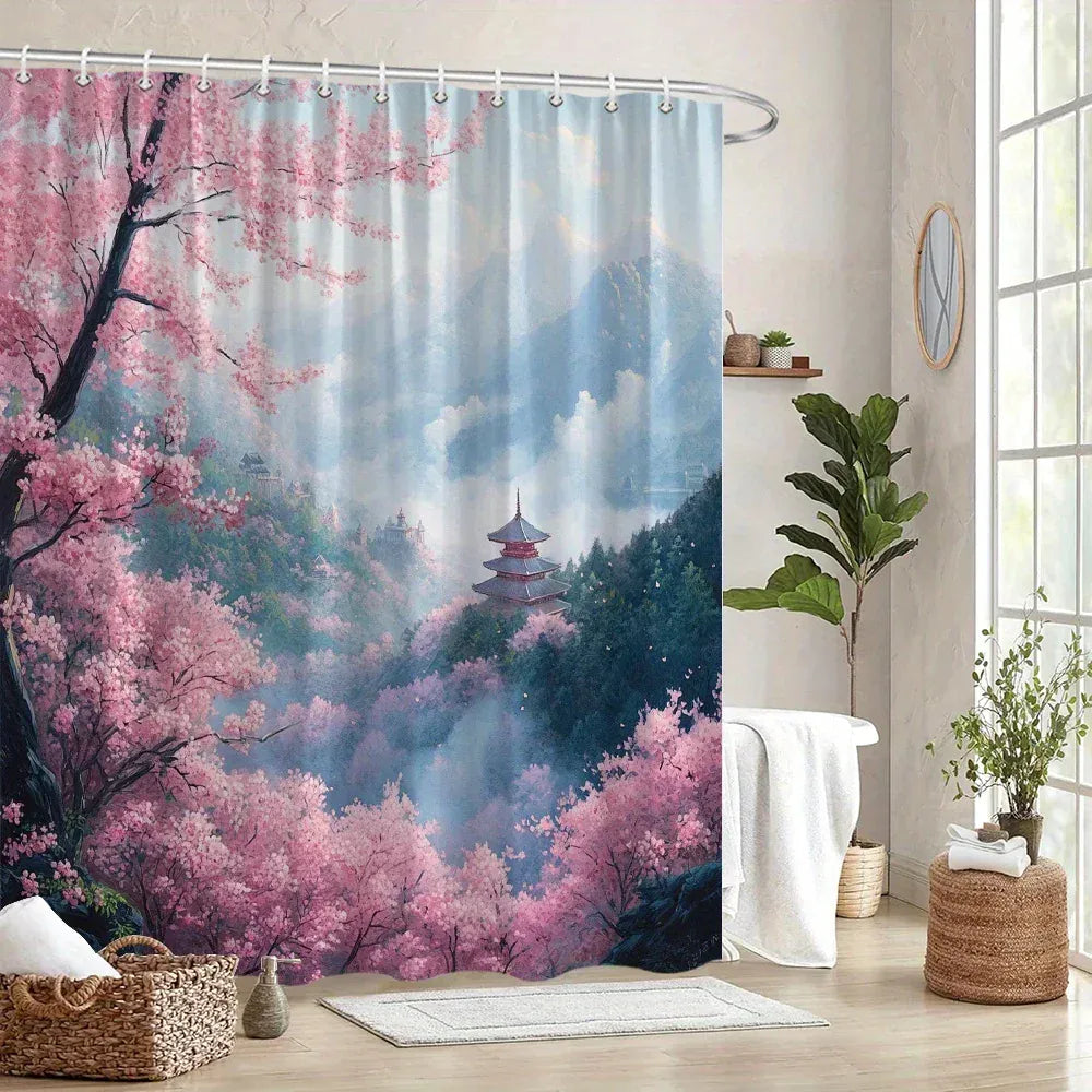 Rideau de Douche Japonais – Paysage Pagode & Fleurs de Cerisier, Montagnes Enneigées, Design Zen ,Étanche
