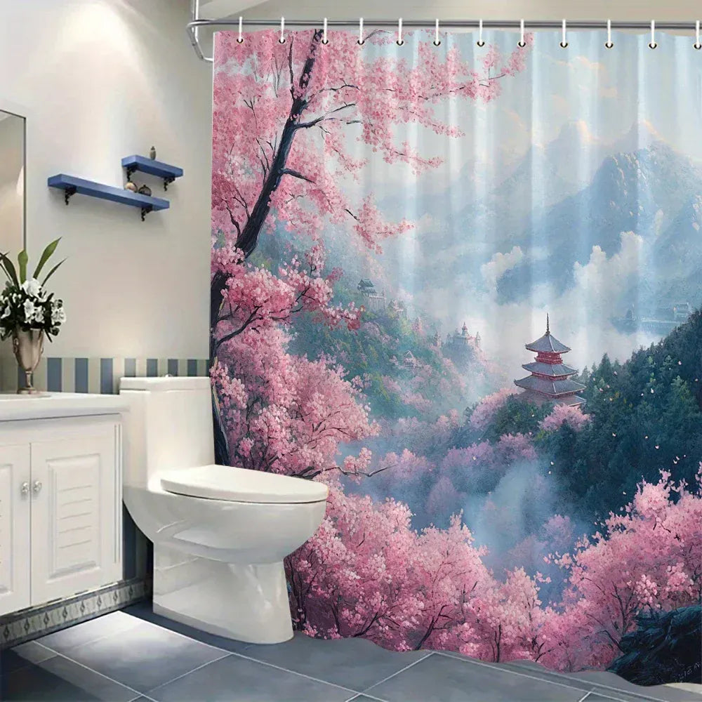 Rideau de Douche Japonais – Paysage Pagode & Fleurs de Cerisier, Montagnes Enneigées, Design Zen ,Étanche