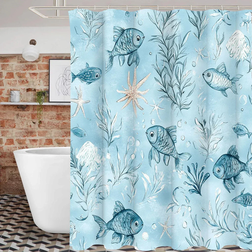 Rideau de Douche Motif Poissons – Design Marin, Étanche avec 12 Crochets Inclus