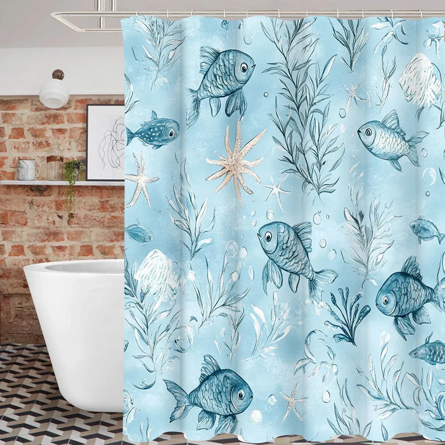 Rideau de Douche Motif Poissons – Design Marin, Étanche avec 12 Crochets Inclus