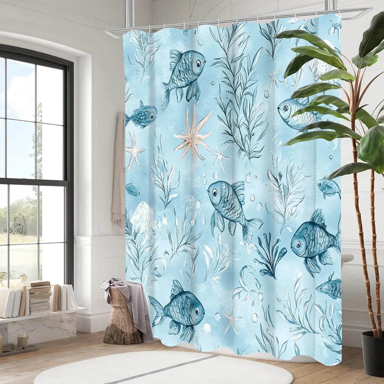 Rideau de Douche Motif Poissons – Design Marin, Étanche avec 12 Crochets Inclus