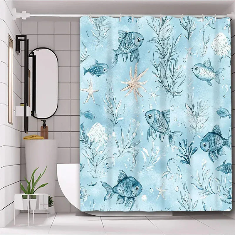 Rideau de Douche Motif Poissons – Design Marin, Étanche avec 12 Crochets Inclus
