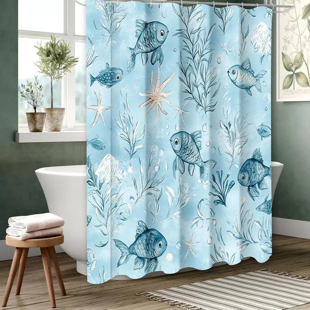 Rideau de Douche Motif Poissons – Design Marin, Étanche avec 12 Crochets Inclus
