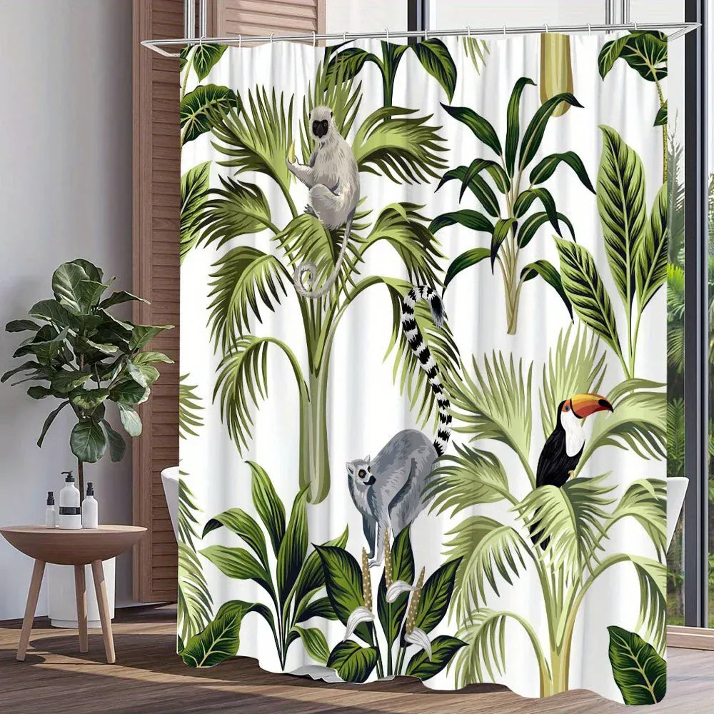 Rideau de Douche Tropical – Motifs Lémuriens et Toucans, Forêt Luxuriante, Tissu Polyester Étanche