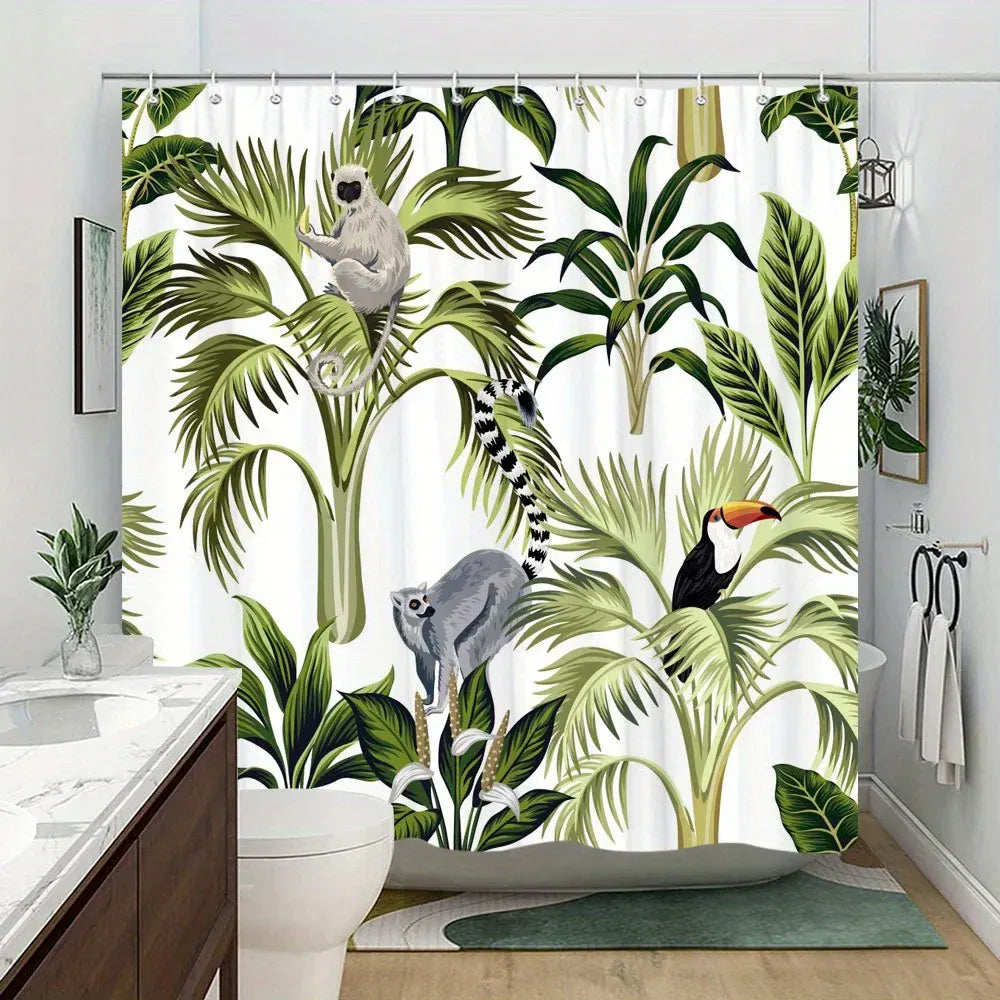 Rideau de Douche Tropical – Motifs Lémuriens et Toucans, Forêt Luxuriante, Tissu Polyester Étanche
