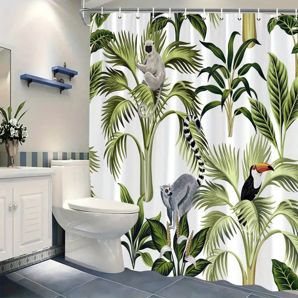 Rideau de Douche Tropical – Motifs Lémuriens et Toucans, Forêt Luxuriante, Tissu Polyester Étanche