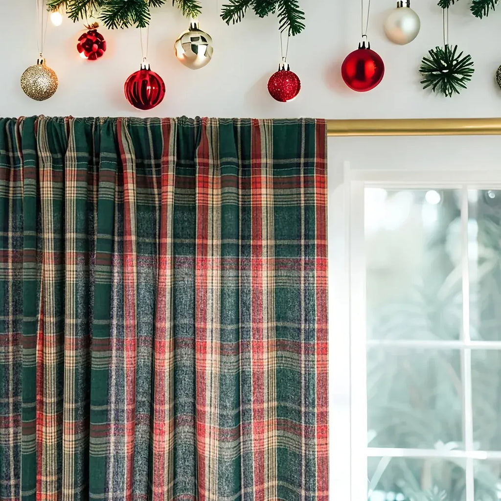 Rideau de Noël Vert à Carreaux – Style Vintage Tissé, Tissu Teint Fil 160g, Déco Festive pour Salon, Cuisine ou Balcon