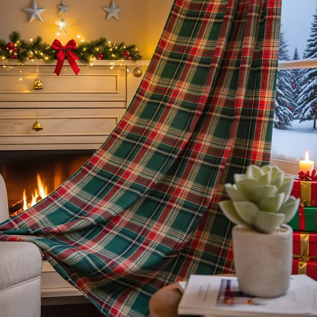 Rideau de Noël Vert à Carreaux – Style Vintage Tissé, Tissu Teint Fil 160g, Déco Festive pour Salon, Cuisine ou Balcon
