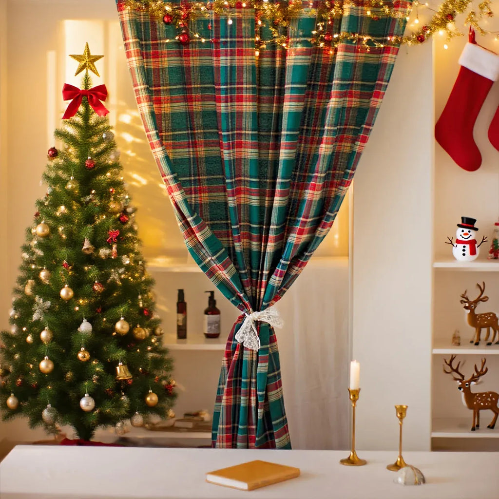 Rideau de Noël Vert à Carreaux – Style Vintage Tissé, Tissu Teint Fil 160g, Déco Festive pour Salon, Cuisine ou Balcon