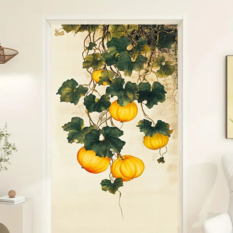 Rideau de Porte Rustique – Motif Citrouille Dorée et Feuillage, Idéal pour Cuisine, Chambre ou Déco Maison (1 Pièce)