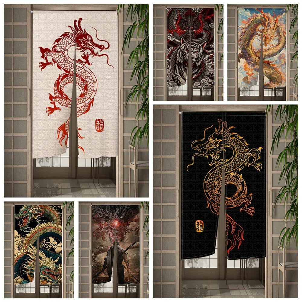 Rideau Demi-Portière Dragon Chinois – Style Japonais pour Cuisine, Chambre ou Entrée