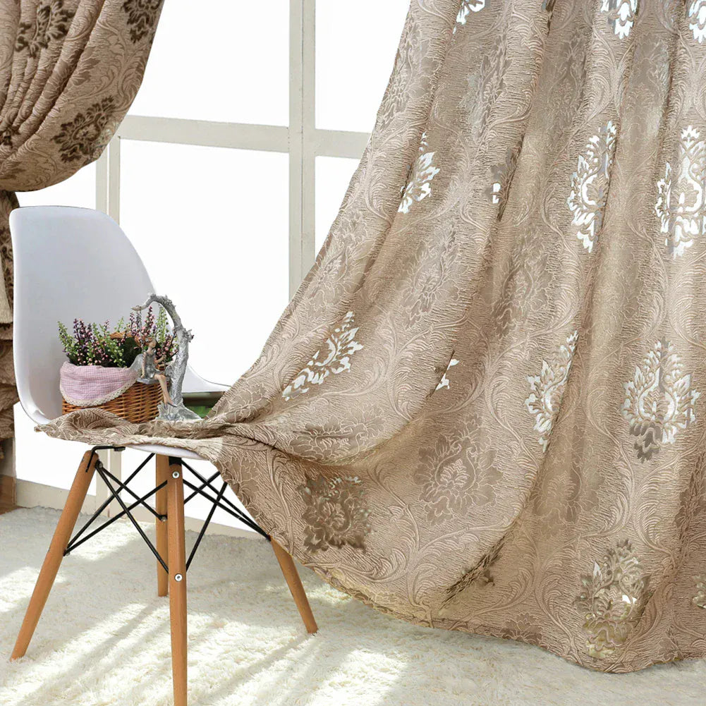 Rideau Jacquard à Fleurs – Style Européen, Effet Tissé Coloris Marron Clair pour Salon ou Balcon (1 Panneau)
