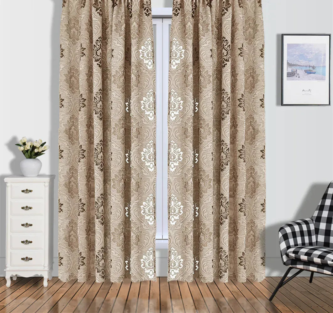 Rideau Jacquard à Fleurs – Style Européen, Effet Tissé Coloris Marron Clair pour Salon ou Balcon (1 Panneau)