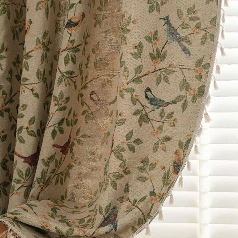 Rideau Jacquard à Franges – Motif Fleurs et Oiseaux, Semi-Occultant pour Salon, Chambre ou Cuisine