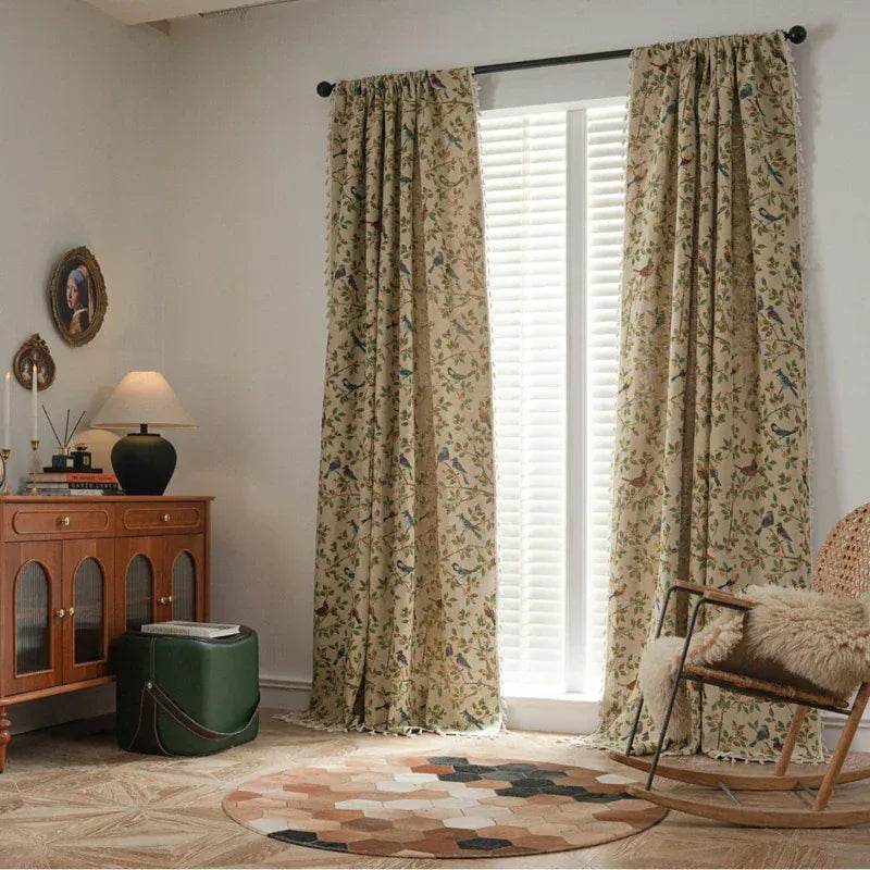 Rideau Jacquard à Franges – Motif Fleurs et Oiseaux, Semi-Occultant pour Salon, Chambre ou Cuisine
