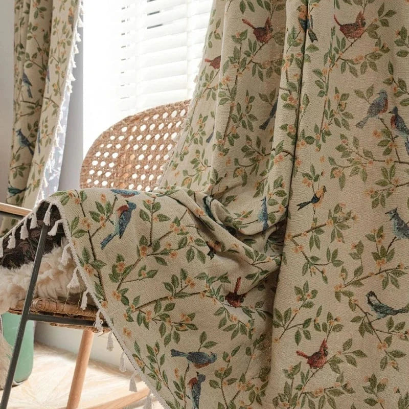 Rideau Jacquard à Franges – Motif Fleurs et Oiseaux, Semi-Occultant pour Salon, Chambre ou Cuisine