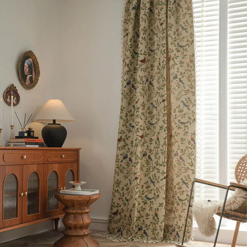 Rideau Jacquard à Franges – Motif Fleurs et Oiseaux, Semi-Occultant pour Salon, Chambre ou Cuisine