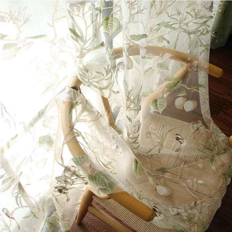 Rideaux Campagne Américaine – Coton Tissé Lin Vert avec Motifs d’Oiseaux, Occultants pour Salon & Chambre