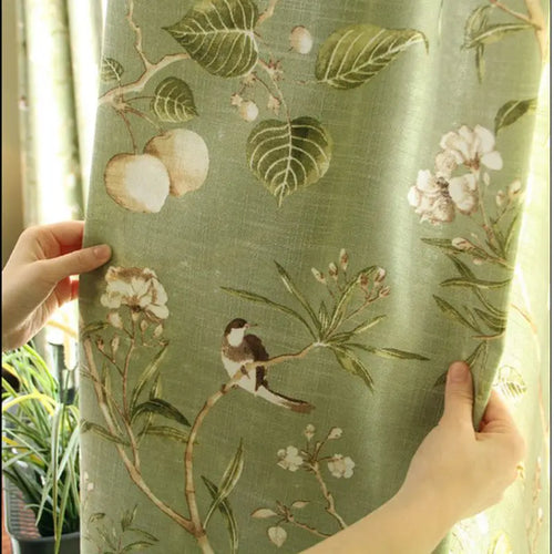 Rideaux Campagne Américaine – Coton Tissé Lin Vert avec Motifs d’Oiseaux, Occultants pour Salon & Chambre