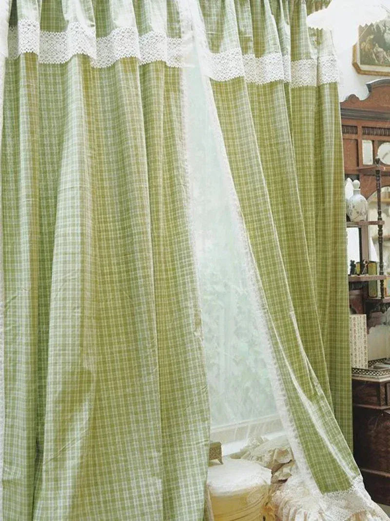 Rideaux Champêtres Français – Tissu Coton Lin à Carreaux Verts avec Dentelle et Volants Intégrés