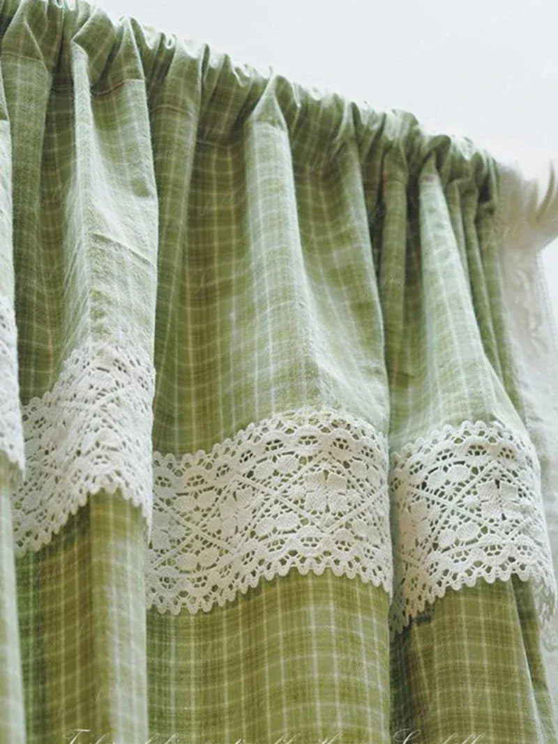 Rideaux Champêtres Français – Tissu Coton Lin à Carreaux Verts avec Dentelle et Volants Intégrés