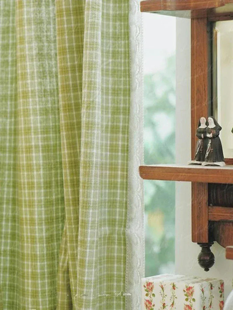Rideaux Champêtres Français – Tissu Coton Lin à Carreaux Verts avec Dentelle et Volants Intégrés