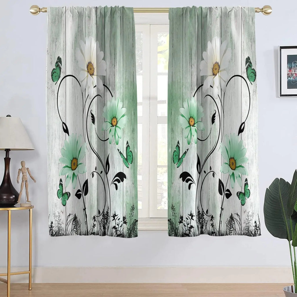 Rideaux Champêtres Rustiques Verts à Fleurs – Motif Marguerites Blanches et Papillons, Style Bohème pour Salon ou Chambre