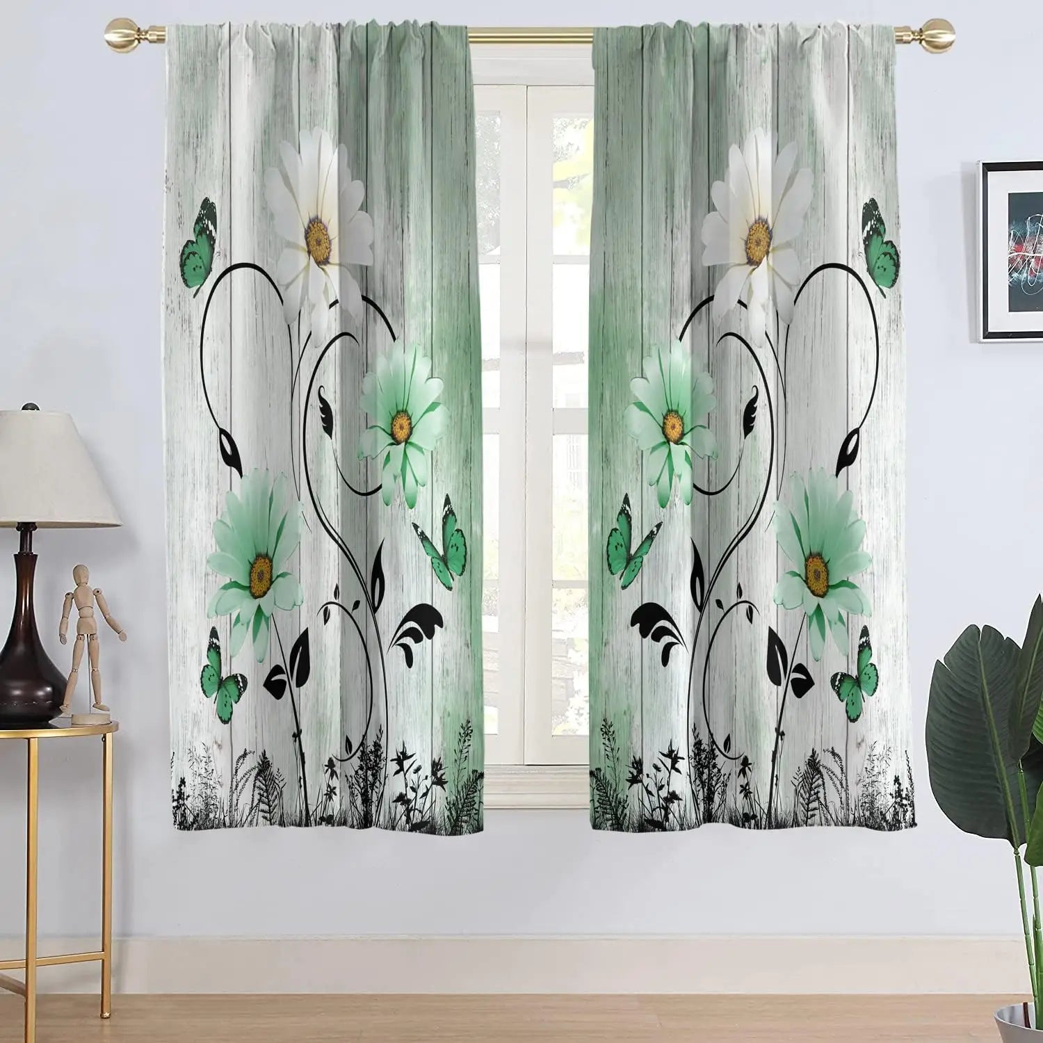 Rideaux Champêtres Rustiques Verts à Fleurs – Motif Marguerites Blanches et Papillons, Style Bohème pour Salon ou Chambre
