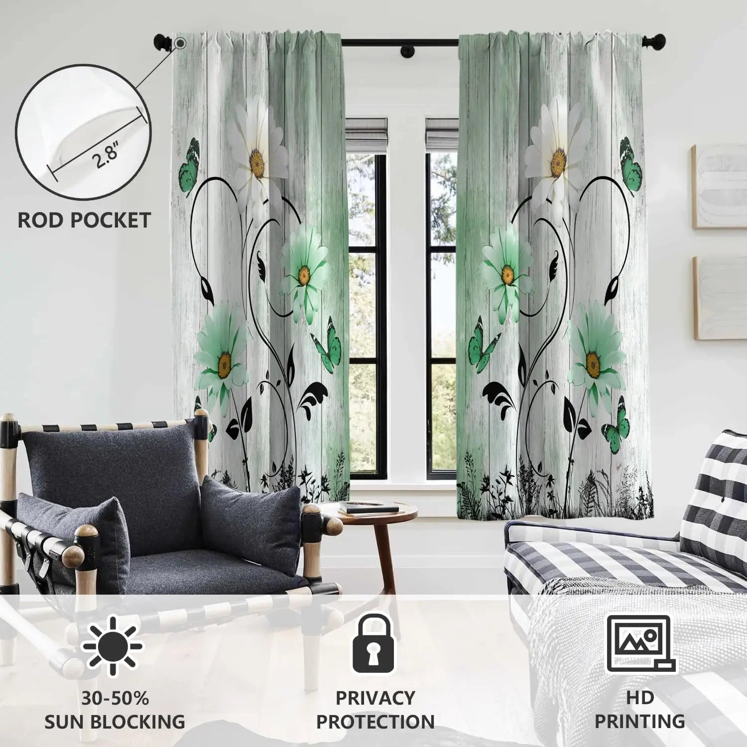 Rideaux Champêtres Rustiques Verts à Fleurs – Motif Marguerites Blanches et Papillons, Style Bohème pour Salon ou Chambre