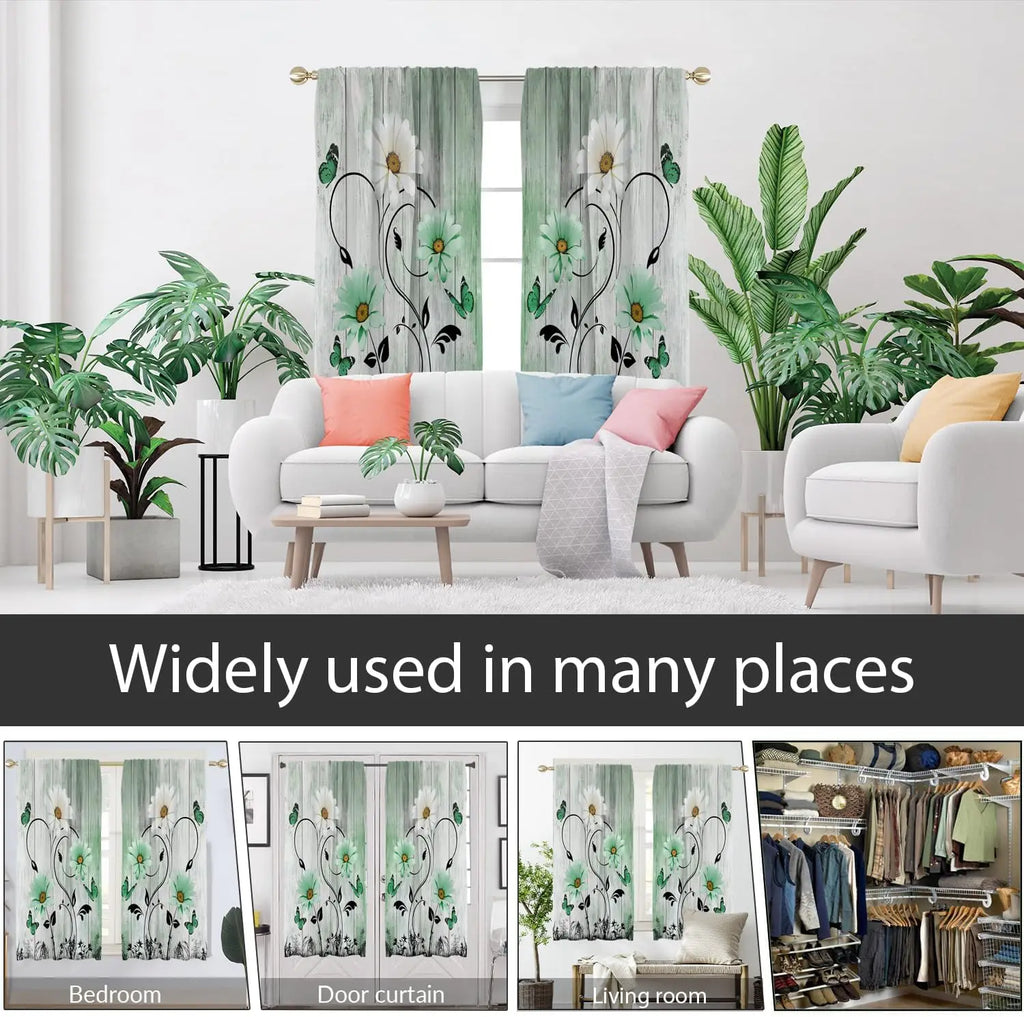 Rideaux Champêtres Rustiques Verts à Fleurs – Motif Marguerites Blanches et Papillons, Style Bohème pour Salon ou Chambre