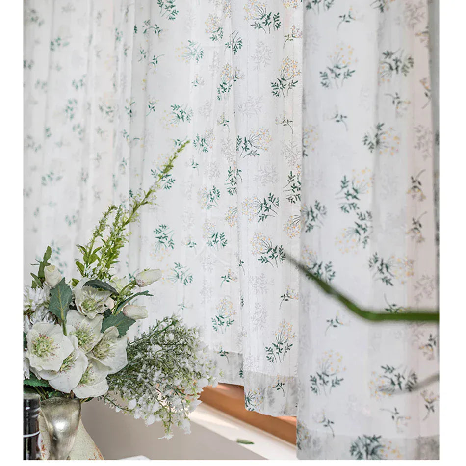 Rideaux Coréens à Marguerites – Tissu Floral avec Poches et Pompons, Pour Cuisine, Chambre ou Salon