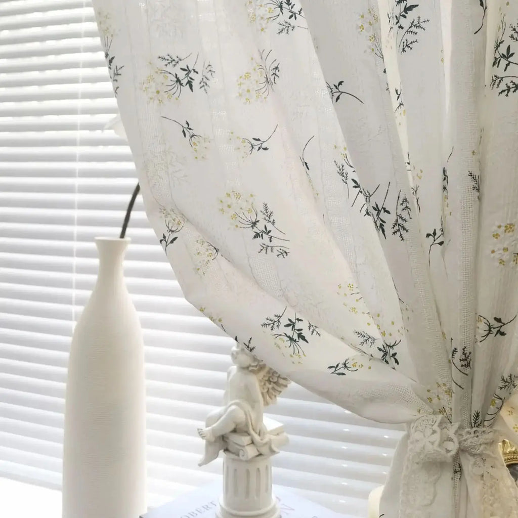 Rideaux Coréens à Marguerites – Tissu Floral avec Poches et Pompons, Pour Cuisine, Chambre ou Salon