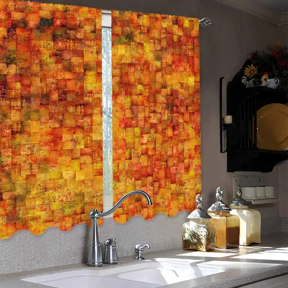 Rideaux Cuisine Orange Brique – Style Vintage à Petits Carrés Géométriques, Courts pour Salle de Bain ou Café