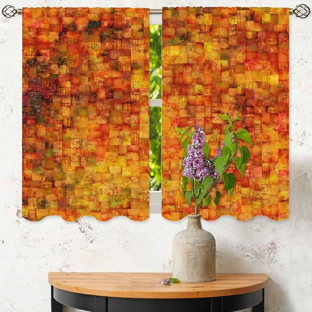 Rideaux Cuisine Orange Brique – Style Vintage à Petits Carrés Géométriques, Courts pour Salle de Bain ou Café