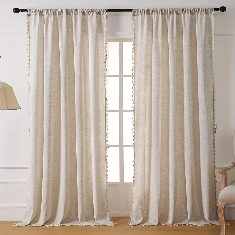 Rideaux Effet Lin Unis avec Franges – Style Rustique Français, Salon / Chambre / Balcon, Semi-Occultants