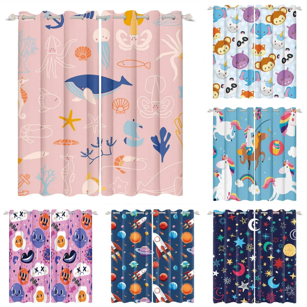 Rideaux Enfant Occultants – Motifs Baleine, Licorne, Espace & Éléphant, Décoration Chambre Garçon / Fille